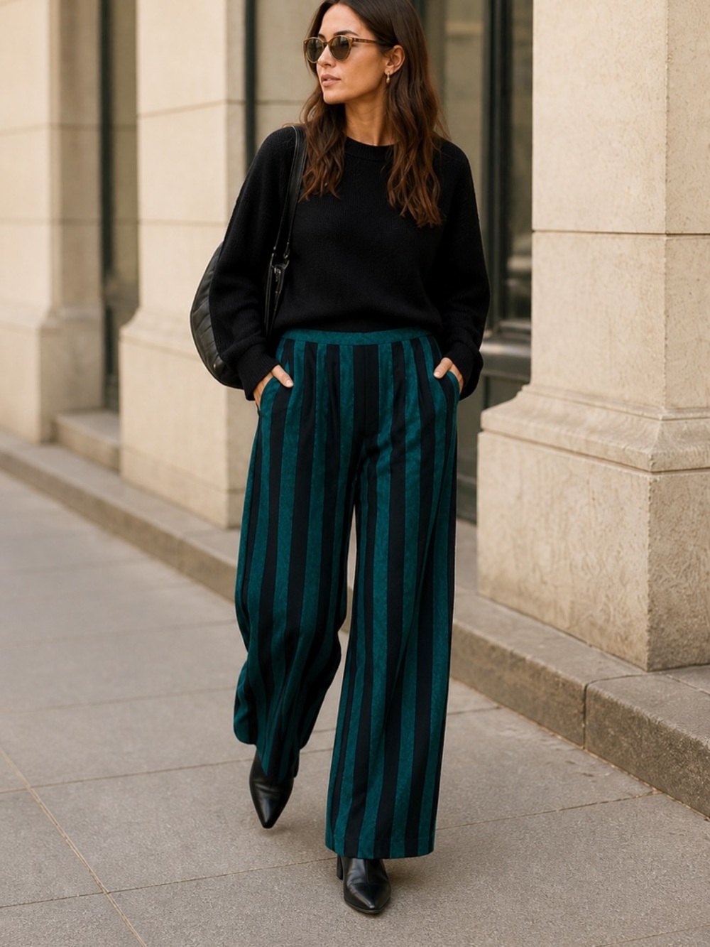 Vintage Wool Teal Black Striped High Waisted Pleated Wide Leg Pants Size 10
